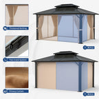 Jolydale 10'x12' Hardtop Gazebo, Galvanized Steel Double Roof, Aluminum Frame Permanent Metal Pavilion with Netting and Curtains for Patio, Backyard and Deck, Brown