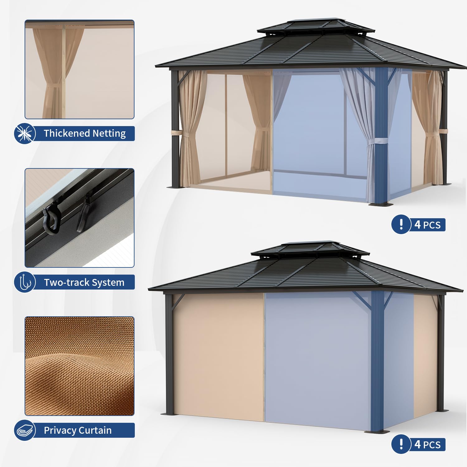 Jolydale 10'x12' Hardtop Gazebo, Galvanized Steel Double Roof, Aluminum Frame Permanent Metal Pavilion with Netting and Curtains for Patio, Backyard and Deck, Brown