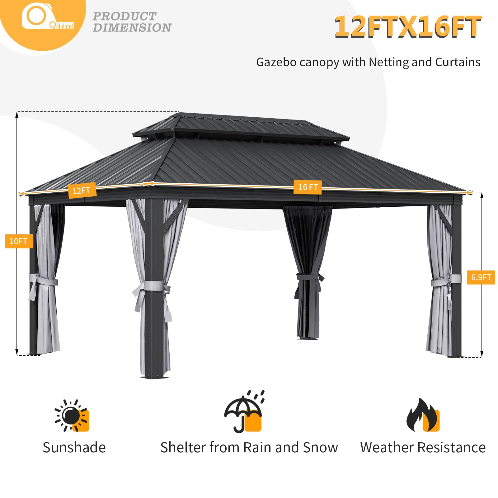 Jolydale 12' X 16' Hardtop Gazebo with Mosquito Netting and Curtains, Outdoor Gazebos with Double Roof, Galvanized Steel Permanent Aluminum Gazebo, for Gardens, Decks, Patios, Parties