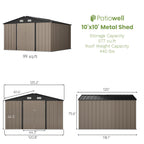 Patiowell 10 x 10 FT Outdoor Storage Shed,Metal Yard Shed with Design of Lockable Doors, Utility and Tool Storage for Garden, Patio, Backyard, Outside use,Brown