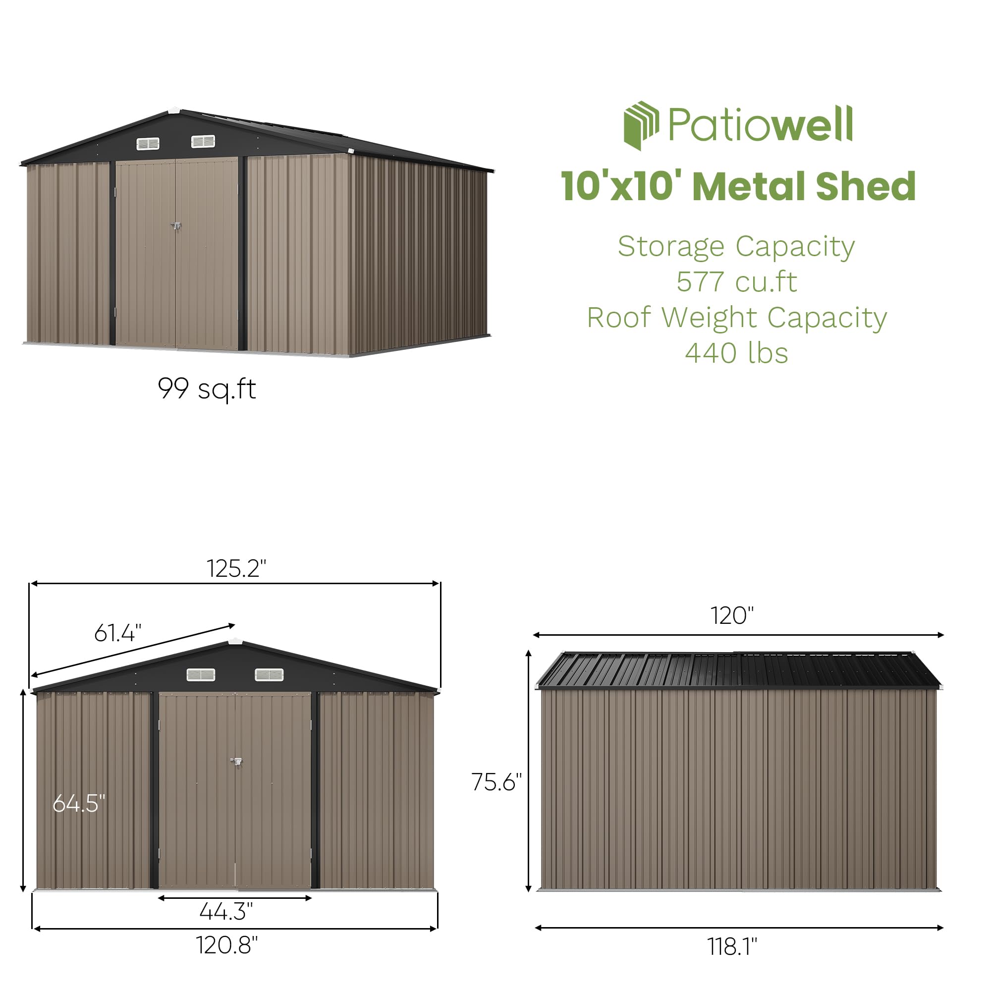 Patiowell 10 x 10 FT Outdoor Storage Shed,Metal Yard Shed with Design of Lockable Doors, Utility and Tool Storage for Garden, Patio, Backyard, Outside use,Brown