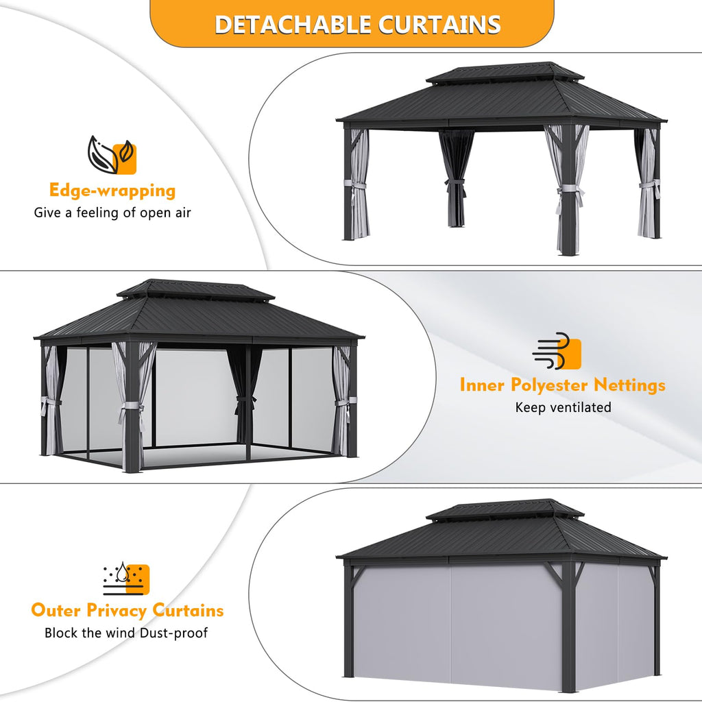 Jolydale 12' X 16' Hardtop Gazebo with Mosquito Netting and Curtains, Outdoor Gazebos with Double Roof, Galvanized Steel Permanent Aluminum Gazebo, for Gardens, Decks, Patios, Parties