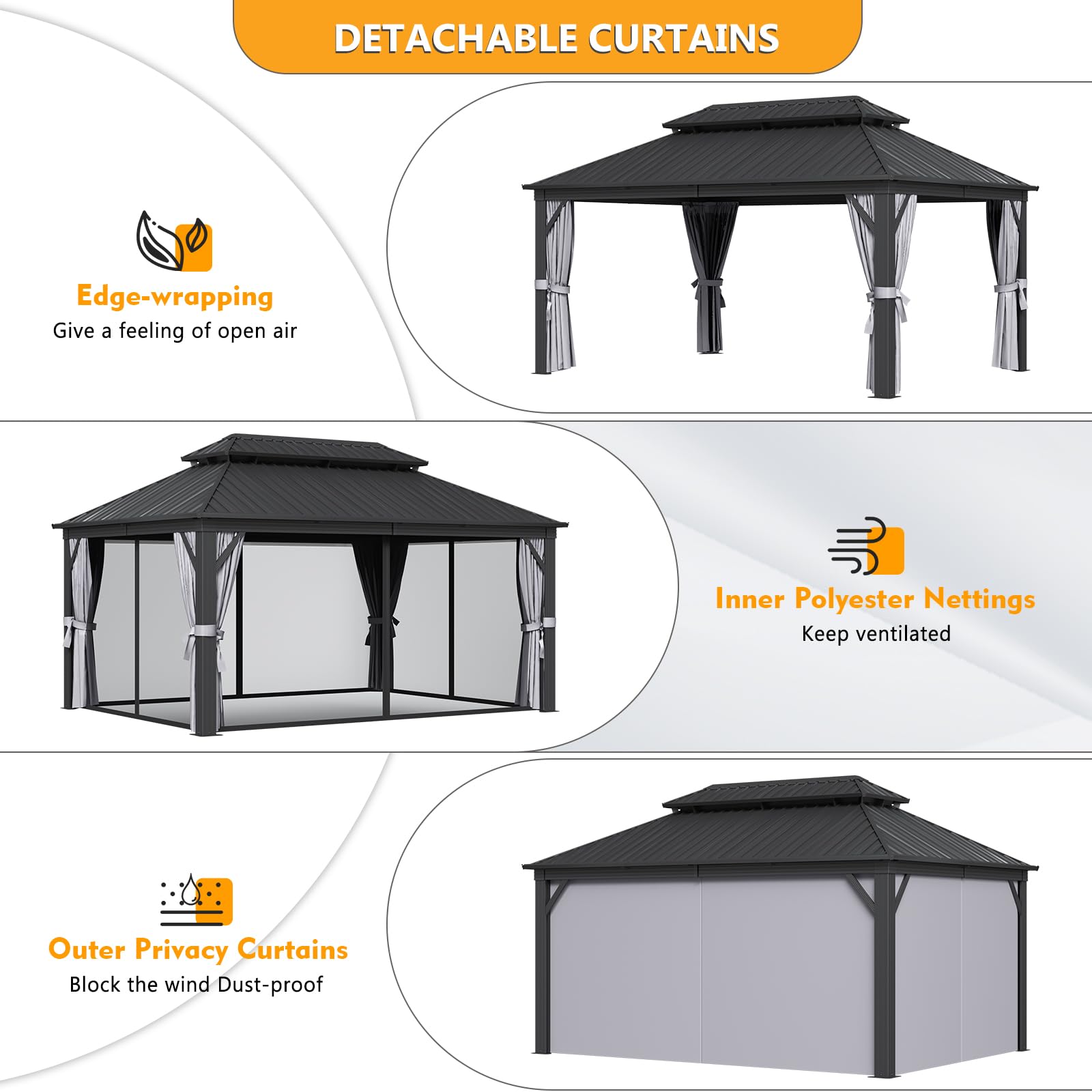 Jolydale 12' X 16' Hardtop Gazebo with Mosquito Netting and Curtains, Outdoor Gazebos with Double Roof, Galvanized Steel Permanent Aluminum Gazebo, for Gardens, Decks, Patios, Parties