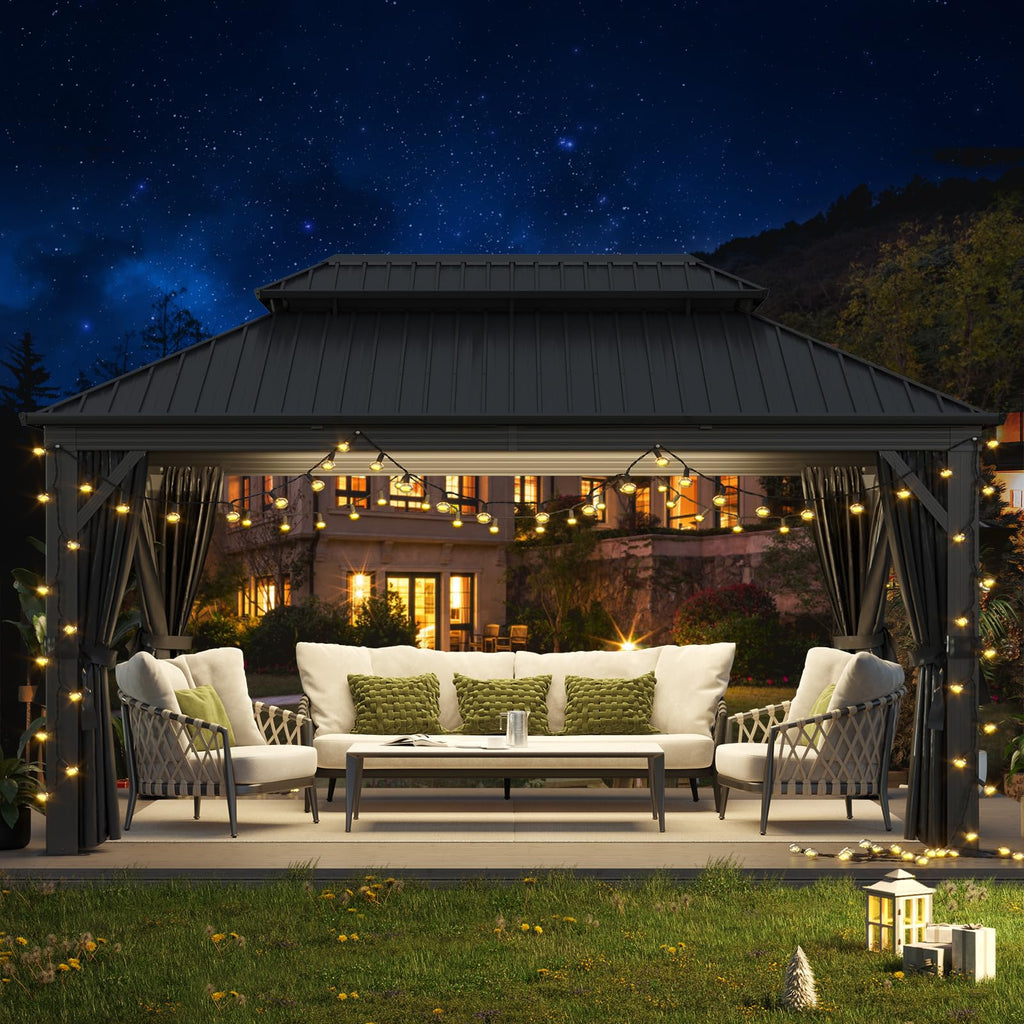 Jolydale 12' X 16' Hardtop Gazebo with Mosquito Netting and Curtains, Outdoor Gazebos with Double Roof, Galvanized Steel Permanent Aluminum Gazebo, for Gardens, Decks, Patios, Parties