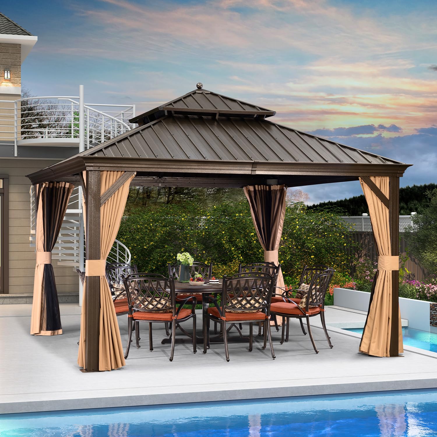 PURPLE LEAF 12' X 12' Outdoor Hardtop Gazebo Permanent Outside Heavy Duty Sun Shade Deck Canopy for Patio All Weather Aluminum Metal Roof Backyard Pavilion with Netting and Curtains