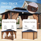 Jolydale 10'x12' Hardtop Gazebo, Double Roof Gazebo, Aluminum Frame Permanent Pavilion with Netting and Curtains, Outdoor Polycarbonate Gazebo, for Patios, Gardens, Lawns