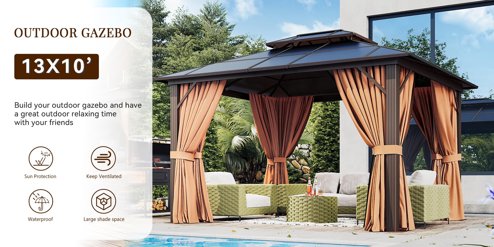 Jolydale 10'x12' Hardtop Gazebo, Double Roof Gazebo, Aluminum Frame Permanent Pavilion with Netting and Curtains, Outdoor Polycarbonate Gazebo, for Patios, Gardens, Lawns