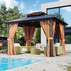 Jolydale 10'x12' Hardtop Gazebo, Double Roof Gazebo, Aluminum Frame Permanent Pavilion with Netting and Curtains, Outdoor Polycarbonate Gazebo, for Patios, Gardens, Lawns