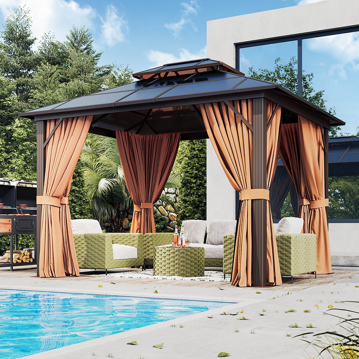 Jolydale 10'x12' Hardtop Gazebo, Double Roof Gazebo, Aluminum Frame Permanent Pavilion with Netting and Curtains, Outdoor Polycarbonate Gazebo, for Patios, Gardens, Lawns