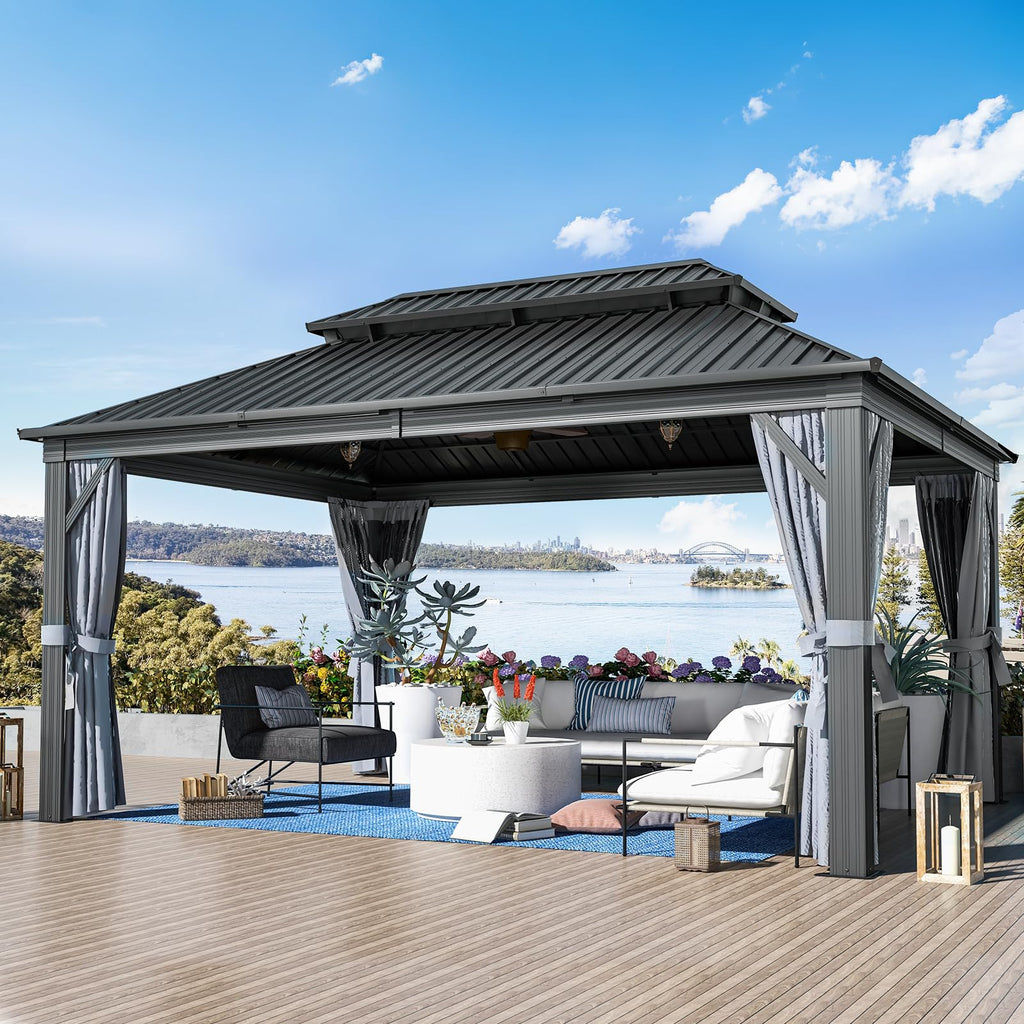 Jolydale 12' X 16' Hardtop Gazebo with Mosquito Netting and Curtains, Outdoor Gazebos with Double Roof, Galvanized Steel Permanent Aluminum Gazebo, for Gardens, Decks, Patios, Parties