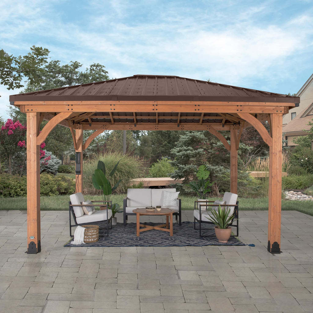 Backyard Discovery Barrington 14 ft. x 10 ft. Hip Roof Cedar Wooden Gazebo Pavilion, Shade, Rain, Hard Top Steel Metal Roof, All Weather Protected, Wind Resistant up to 100 mph, Holds up to 8200 lbs