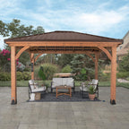 Backyard Discovery Barrington 14 ft. x 10 ft. Hip Roof Cedar Wooden Gazebo Pavilion, Shade, Rain, Hard Top Steel Metal Roof, All Weather Protected, Wind Resistant up to 100 mph, Holds up to 8200 lbs