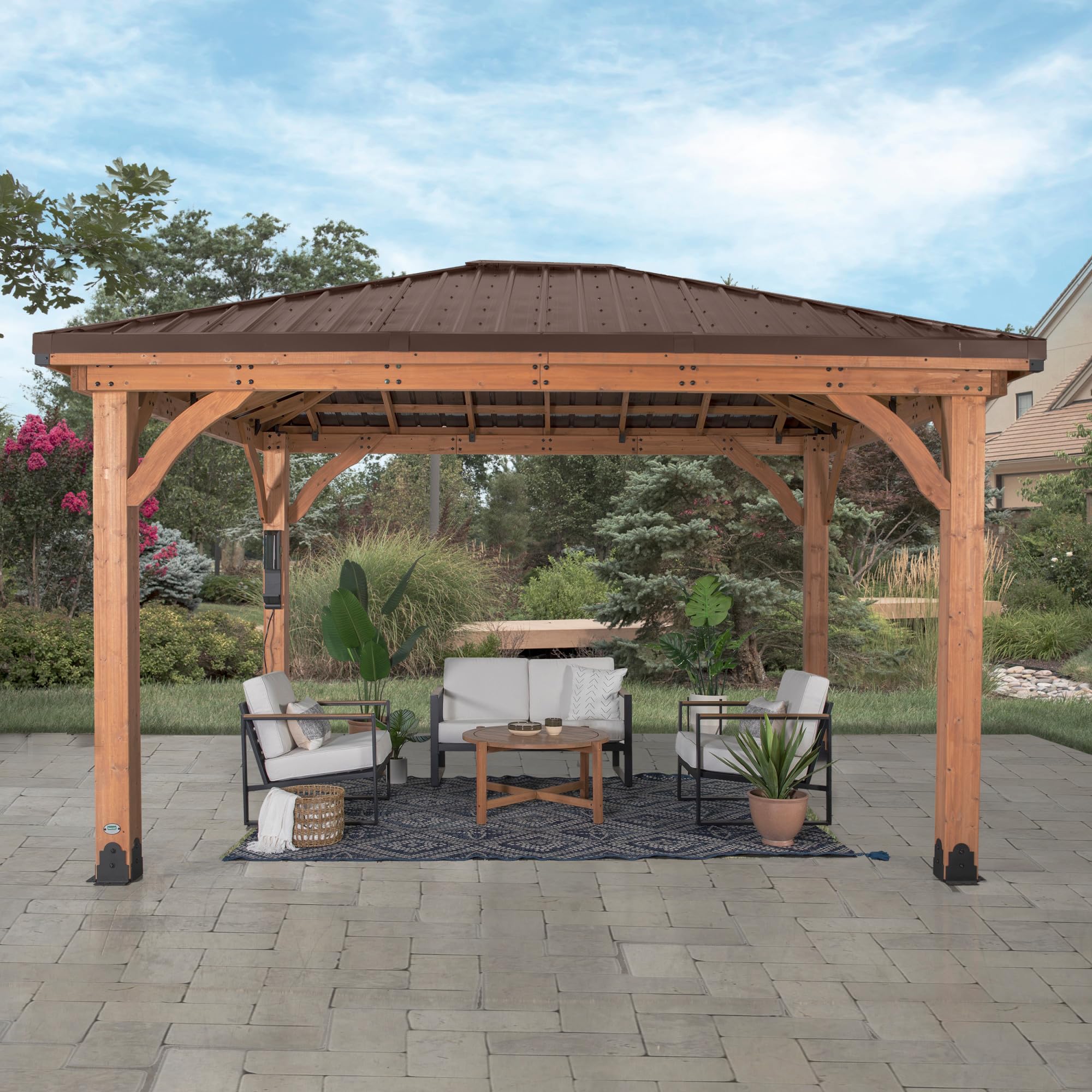 Backyard Discovery Barrington 14 ft. x 10 ft. Hip Roof Cedar Wooden Gazebo Pavilion, Shade, Rain, Hard Top Steel Metal Roof, All Weather Protected, Wind Resistant up to 100 mph, Holds up to 8200 lbs