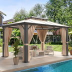 Jolydale 10'x13' Hardtop Gazebo, Polycarbonate Double Top Canopy, Aluminum Frame Permanent Pavilion with Curtains and Netting, Sunshade for Lawns, Patios, Gardens