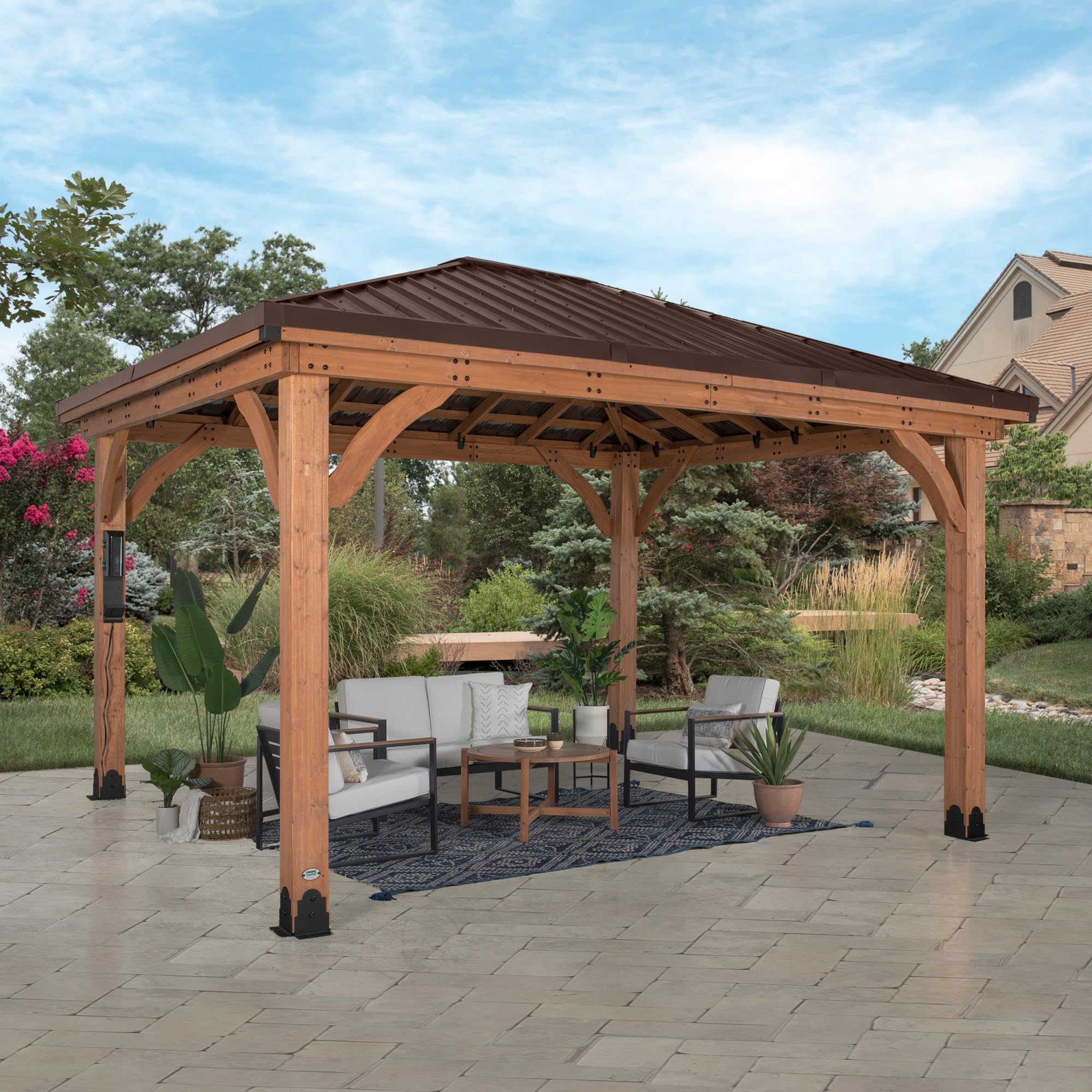 Backyard Discovery Barrington 14 ft. x 10 ft. Hip Roof Cedar Wooden Gazebo Pavilion, Shade, Rain, Hard Top Steel Metal Roof, All Weather Protected, Wind Resistant up to 100 mph, Holds up to 8200 lbs