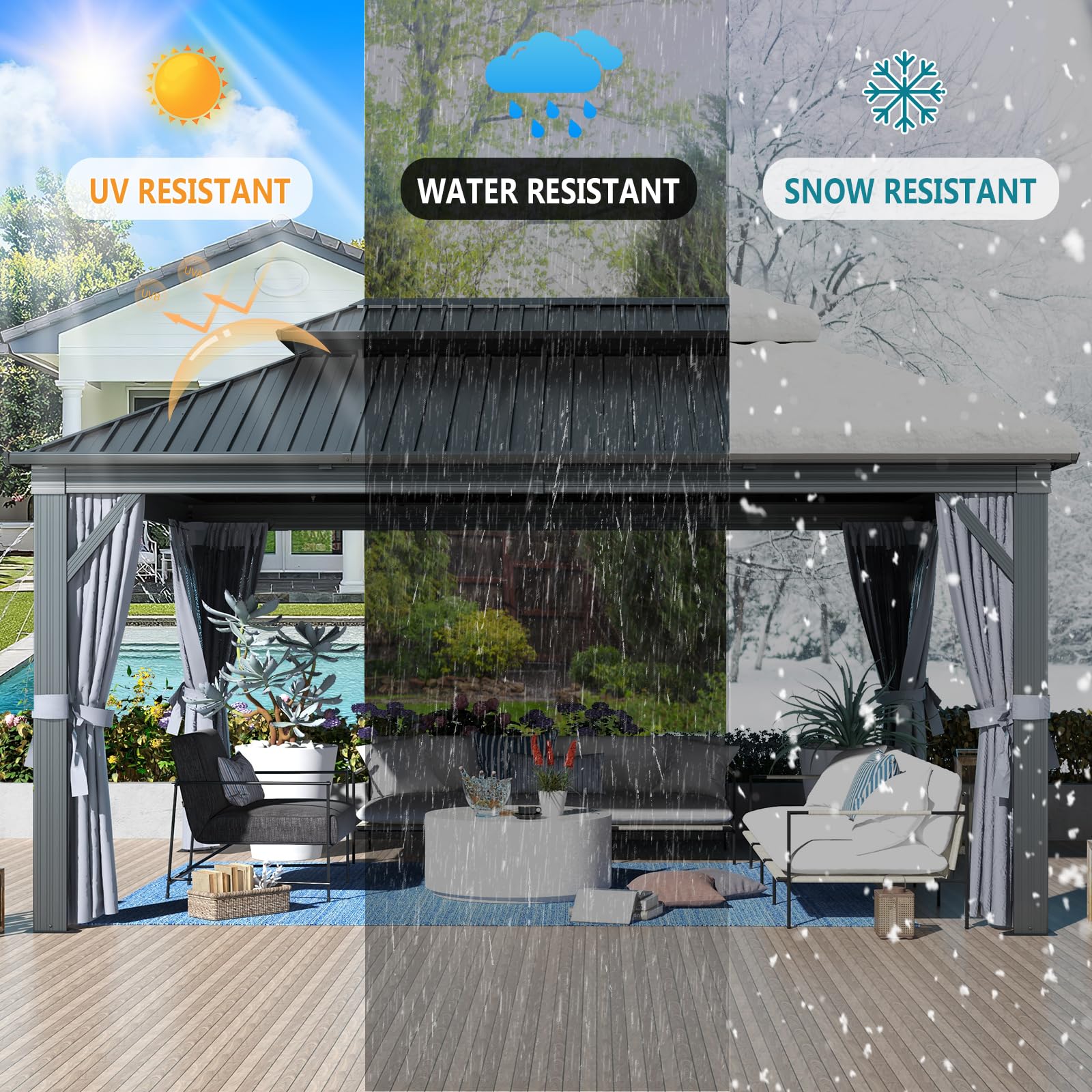 Jolydale 12' X 16' Hardtop Gazebo with Mosquito Netting and Curtains, Outdoor Gazebos with Double Roof, Galvanized Steel Permanent Aluminum Gazebo, for Gardens, Decks, Patios, Parties