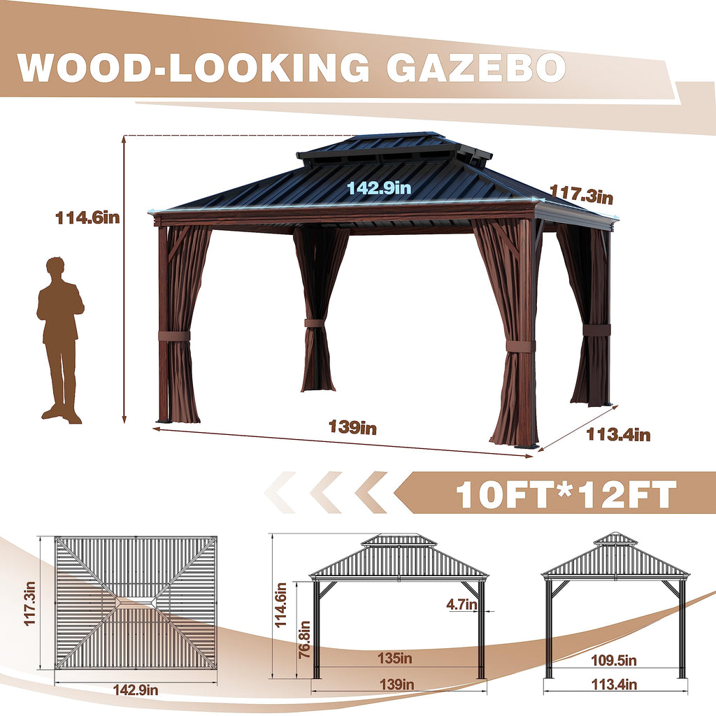 VEIKOU 10' x 12' Gazebo Hardtop, Outdoor Aluminum Wood Grain Gazebo w/Double Roof & Sidewalls, Permanent Pergolas and Gazebos, Patio Gazebo for Garden, Lawns, Parties