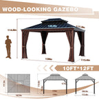 VEIKOU 10' x 12' Gazebo Hardtop, Outdoor Aluminum Wood Grain Gazebo w/Double Roof & Sidewalls, Permanent Pergolas and Gazebos, Patio Gazebo for Garden, Lawns, Parties