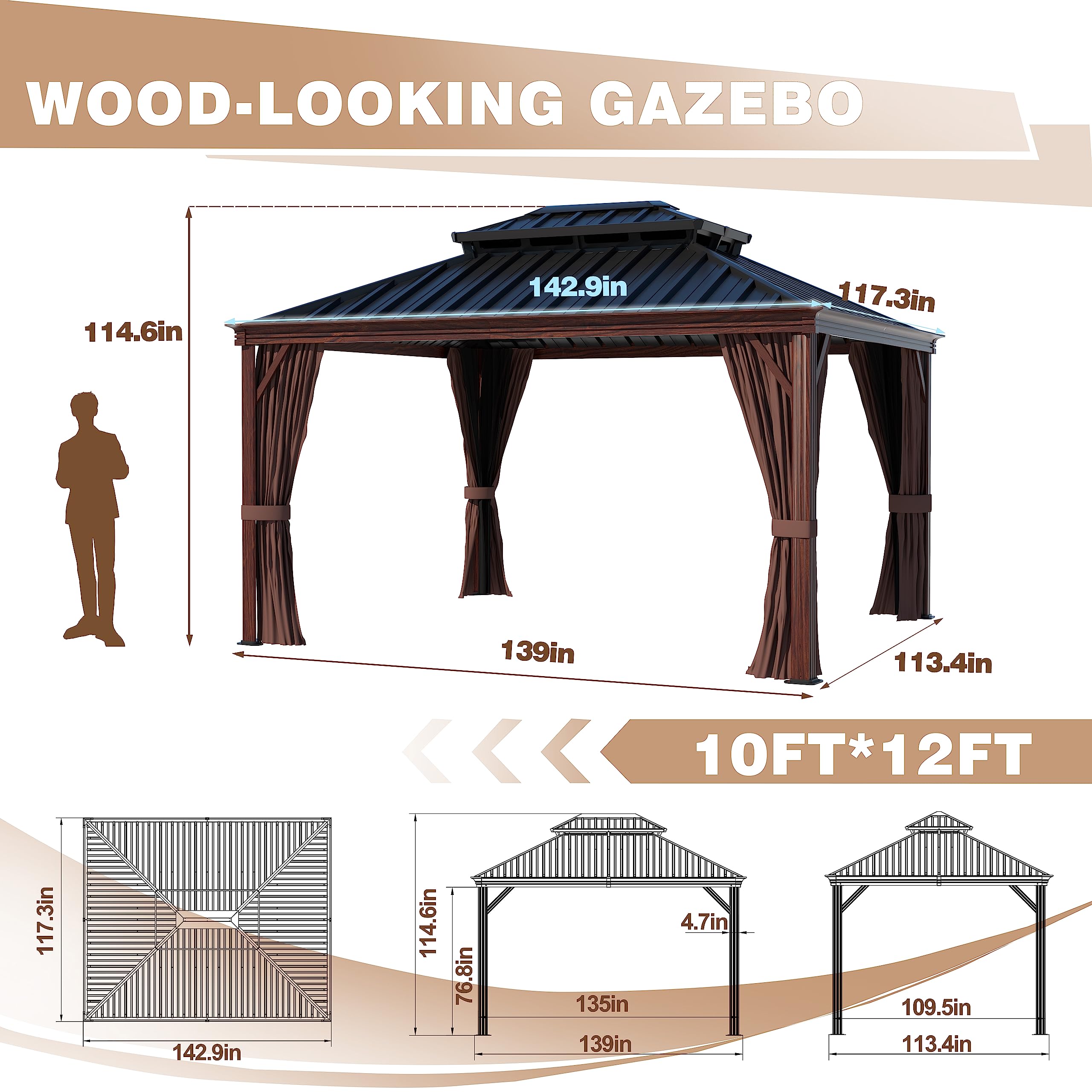 VEIKOU 10' x 12' Gazebo Hardtop, Outdoor Aluminum Wood Grain Gazebo w/Double Roof & Sidewalls, Permanent Pergolas and Gazebos, Patio Gazebo for Garden, Lawns, Parties