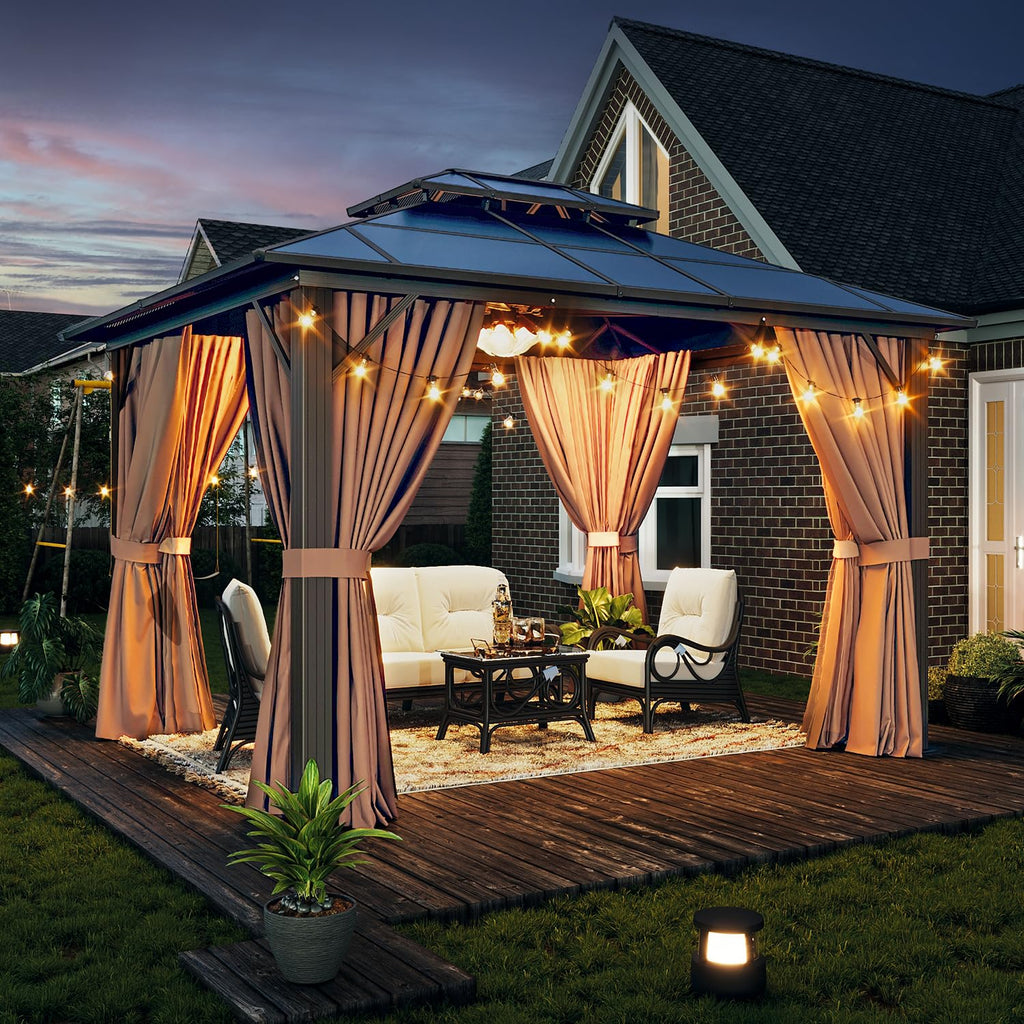 Jolydale 10'x12' Hardtop Gazebo, Double Roof Gazebo, Aluminum Frame Permanent Pavilion with Netting and Curtains, Outdoor Polycarbonate Gazebo, for Patios, Gardens, Lawns