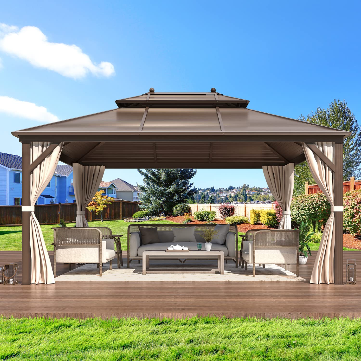 EROMMY 10'x13' Hardtop Gazebo, Galvanized Steel Outdoor Aluminum Canopy with Netting and Shaded Curtains, Double Roof Pergolas, Permanent Metal Pavilion for Patio, Backyard, Deck and Lawns, Brown