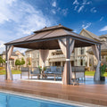 EROMMY 10'x13' Hardtop Gazebo, Galvanized Steel Outdoor Aluminum Canopy with Netting and Shaded Curtains, Double Roof Pergolas, Permanent Metal Pavilion for Patio, Backyard, Deck and Lawns, Brown