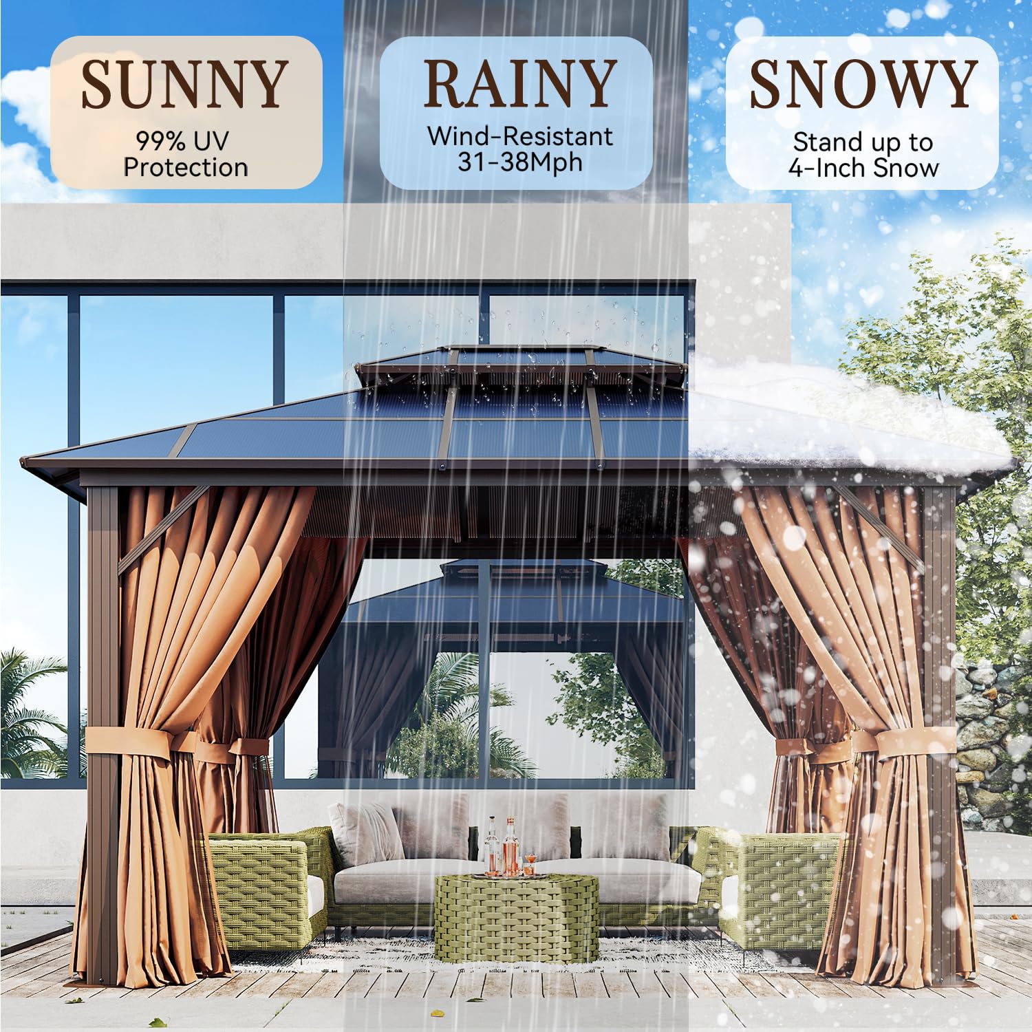 Jolydale 10'x12' Hardtop Gazebo, Double Roof Gazebo, Aluminum Frame Permanent Pavilion with Netting and Curtains, Outdoor Polycarbonate Gazebo, for Patios, Gardens, Lawns