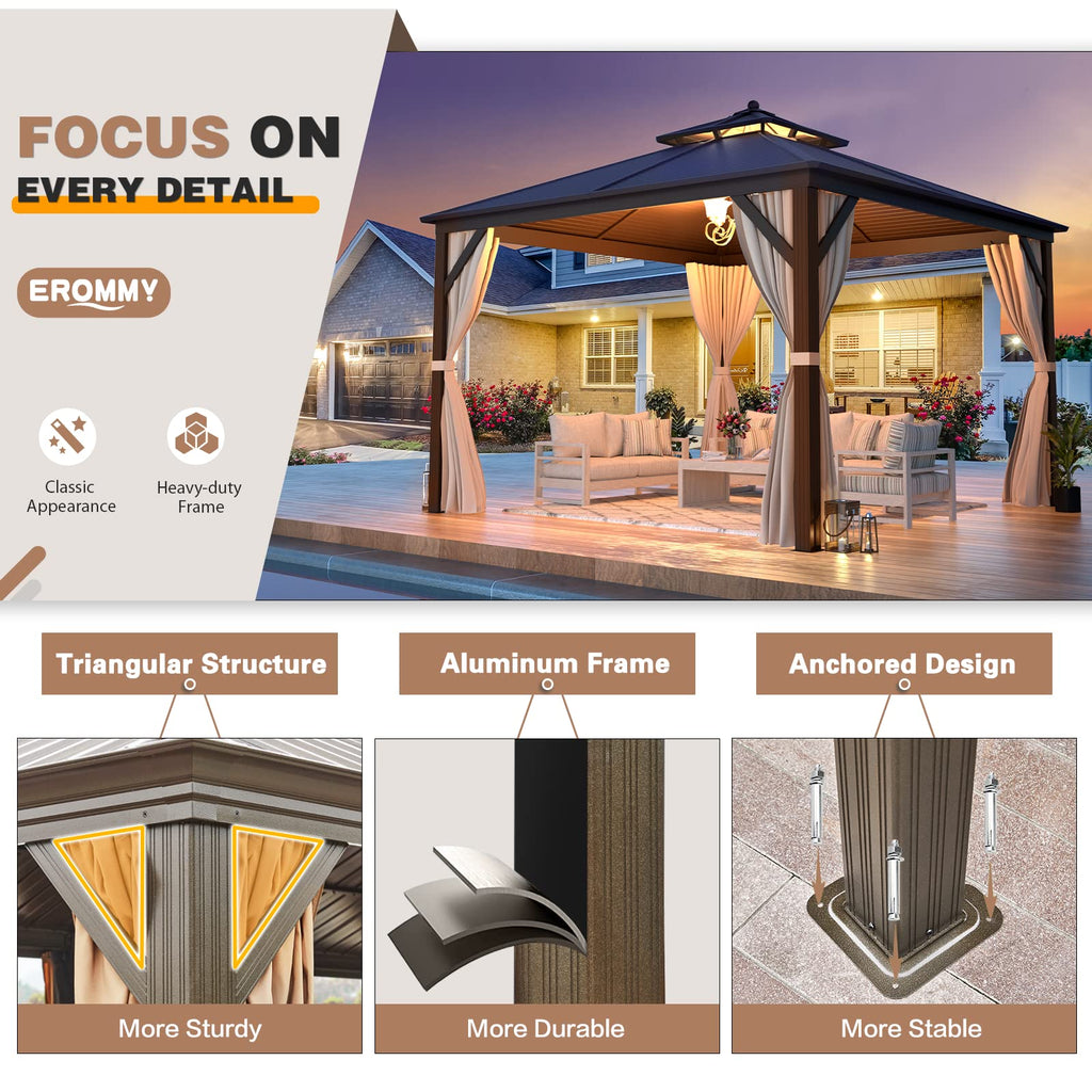 EROMMY 12'x12' Hardtop Gazebo Galvanized Steel Outdoor Gazebo Canopy Double Vented Roof Pergolas Aluminum Frame with Netting and Curtains for Garden,Patio,Lawns,Parties