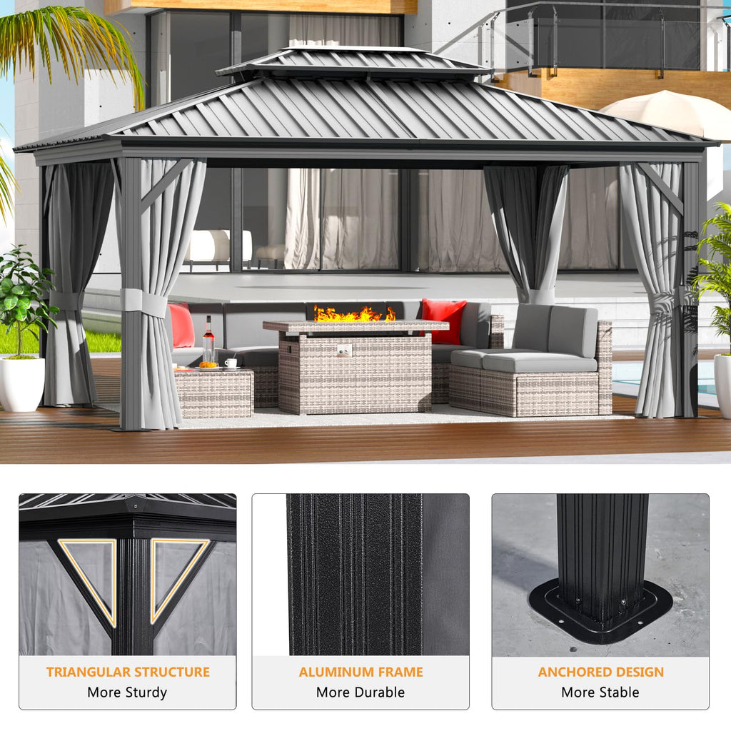 Jolydale 12' X 16' Hardtop Gazebo with Mosquito Netting and Curtains, Outdoor Gazebos with Double Roof, Galvanized Steel Permanent Aluminum Gazebo, for Gardens, Decks, Patios, Parties