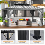Jolydale 12' X 16' Hardtop Gazebo with Mosquito Netting and Curtains, Outdoor Gazebos with Double Roof, Galvanized Steel Permanent Aluminum Gazebo, for Gardens, Decks, Patios, Parties