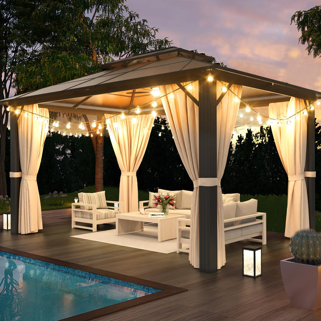 Jolydale 10'x13' Hardtop Gazebo, Polycarbonate Double Top Canopy, Aluminum Frame Permanent Pavilion with Curtains and Netting, Sunshade for Lawns, Patios, Gardens