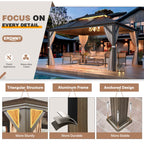EROMMY 10'x13' Hardtop Gazebo, Galvanized Steel Outdoor Aluminum Canopy with Netting and Shaded Curtains, Double Roof Pergolas, Permanent Metal Pavilion for Patio, Backyard, Deck and Lawns, Brown