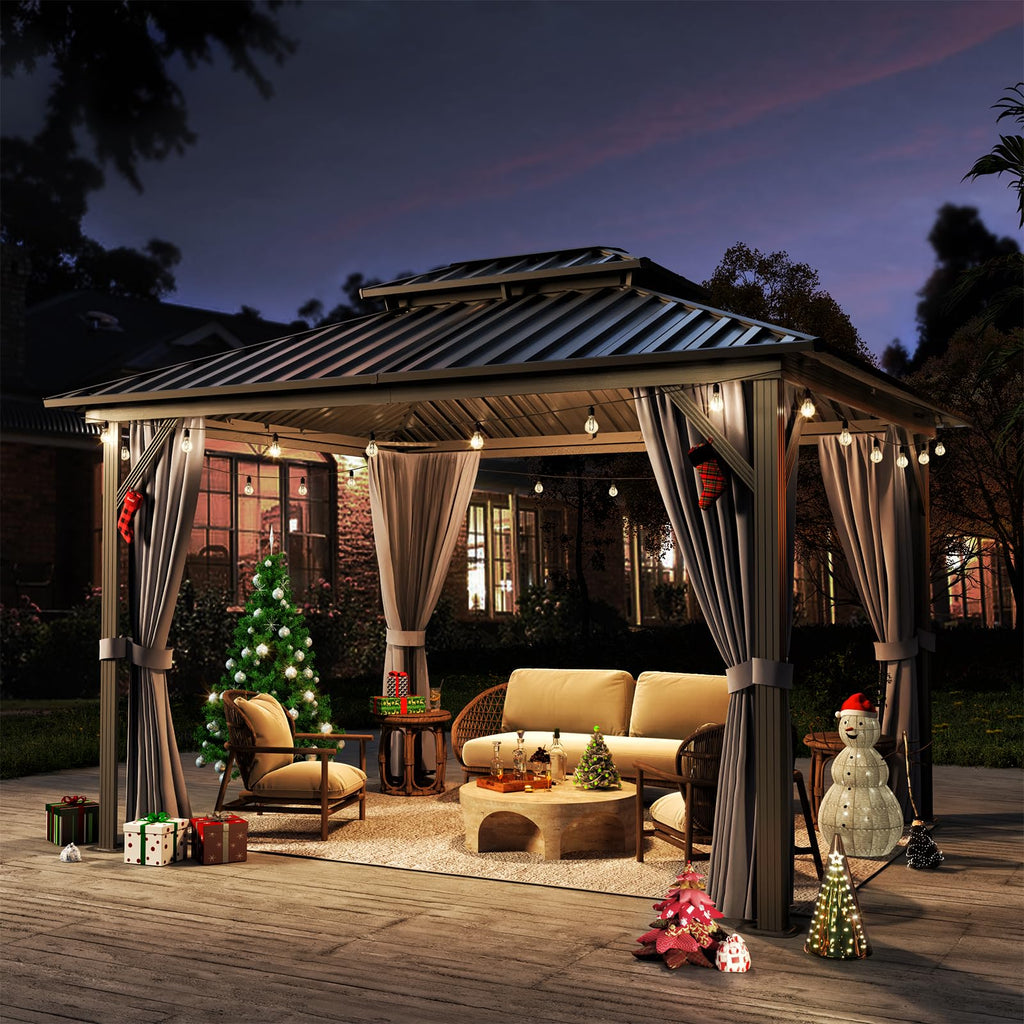 Jolydale 10X12 Hardtop Gazebo, Outdoor Aluminum Gazebo with Galvanized Steel Double Roof, Permanent Metal Pavilion with Netting, Curtains