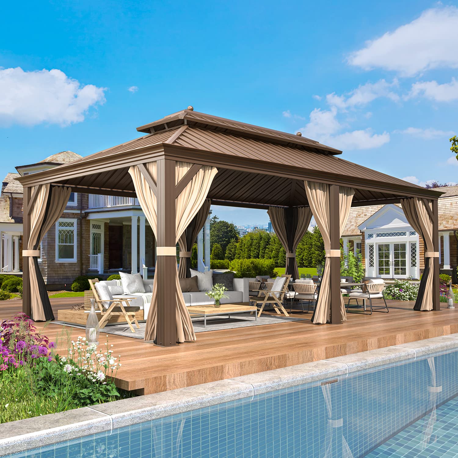 EROMMY 12'x20' Hardtop Gazebo Double Roof Galvanized Steel Canopy Outdoor Aluminum Frame Permanent Metal Pavilion with Netting and Curtains for Patio Backyard Deck and Lawns
