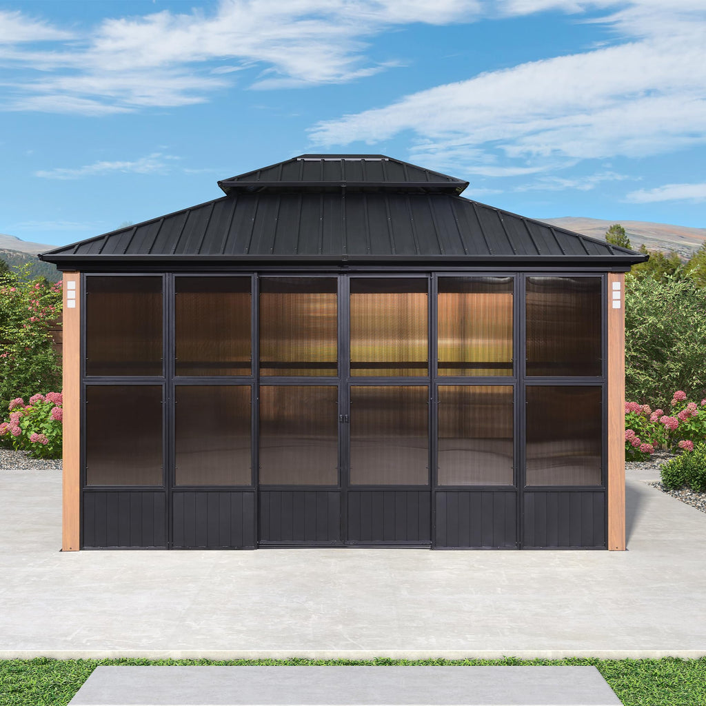 PURPLE LEAF 12' X 14' Patio Hardtop Gazebo Double Top Outdoor Screen House Aluminum Solarium Backyard Sun Room with Detachable Windows