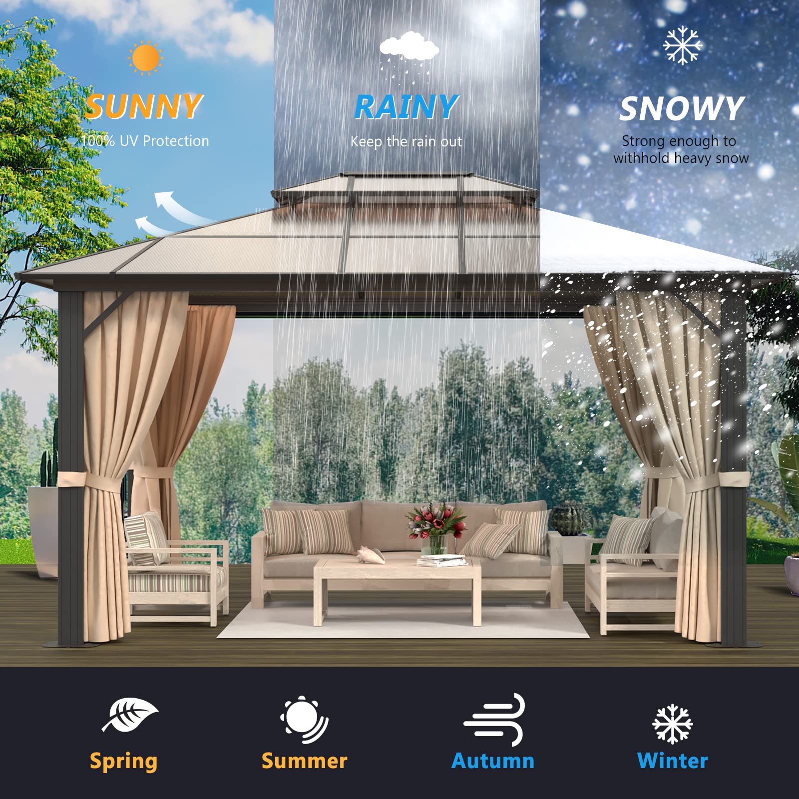 Jolydale 10'x13' Hardtop Gazebo, Polycarbonate Double Top Canopy, Aluminum Frame Permanent Pavilion with Curtains and Netting, Sunshade for Lawns, Patios, Gardens
