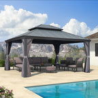 PURPLE LEAF 13' X 15' Permanent Gazebo with Metal Roof Outdoor Hardtop Gazebo for Patio Lawn and Garden Curtains and Netting Included Grey