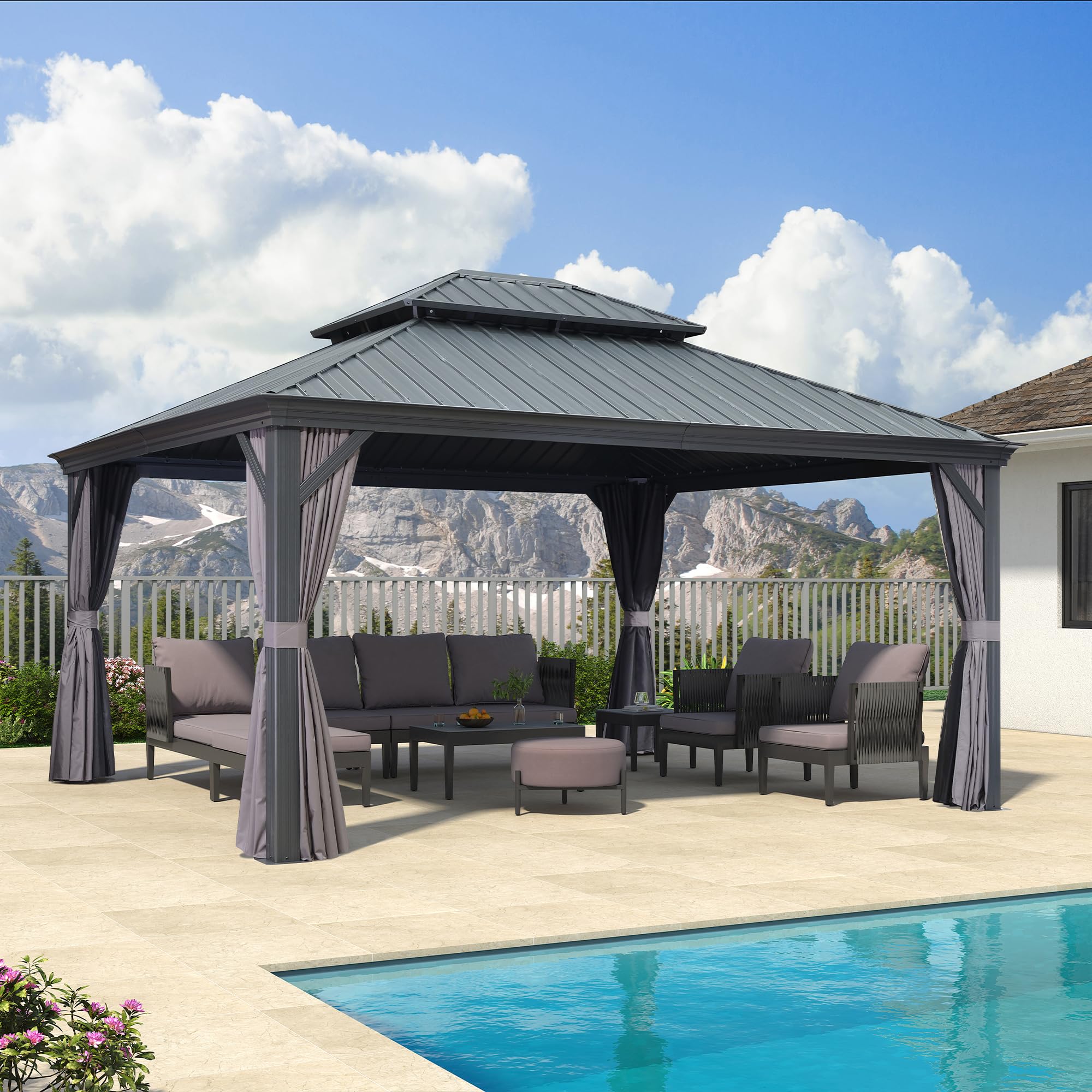 PURPLE LEAF 13' X 15' Permanent Gazebo with Metal Roof Outdoor Hardtop Gazebo for Patio Lawn and Garden Curtains and Netting Included Grey