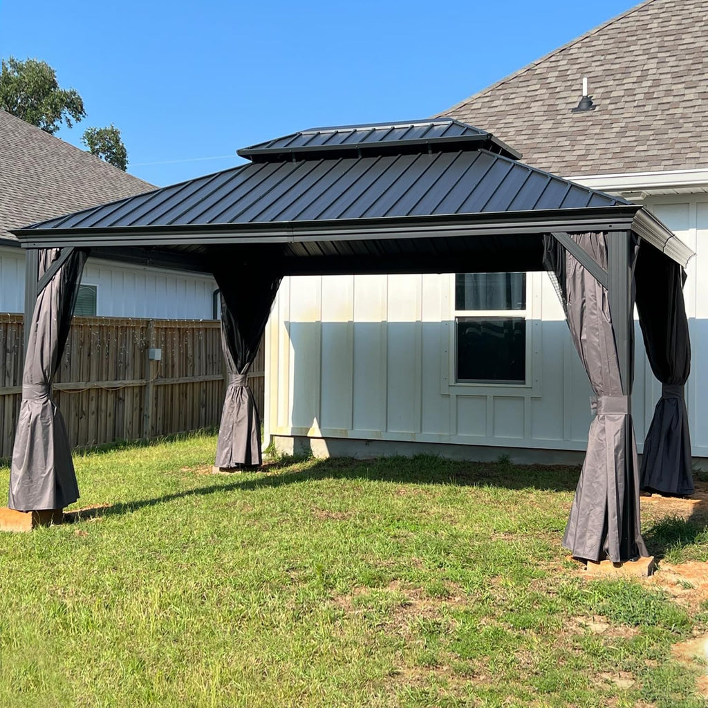 PURPLE LEAF 13' X 15' Permanent Gazebo with Metal Roof Outdoor Hardtop Gazebo for Patio Lawn and Garden Curtains and Netting Included Grey