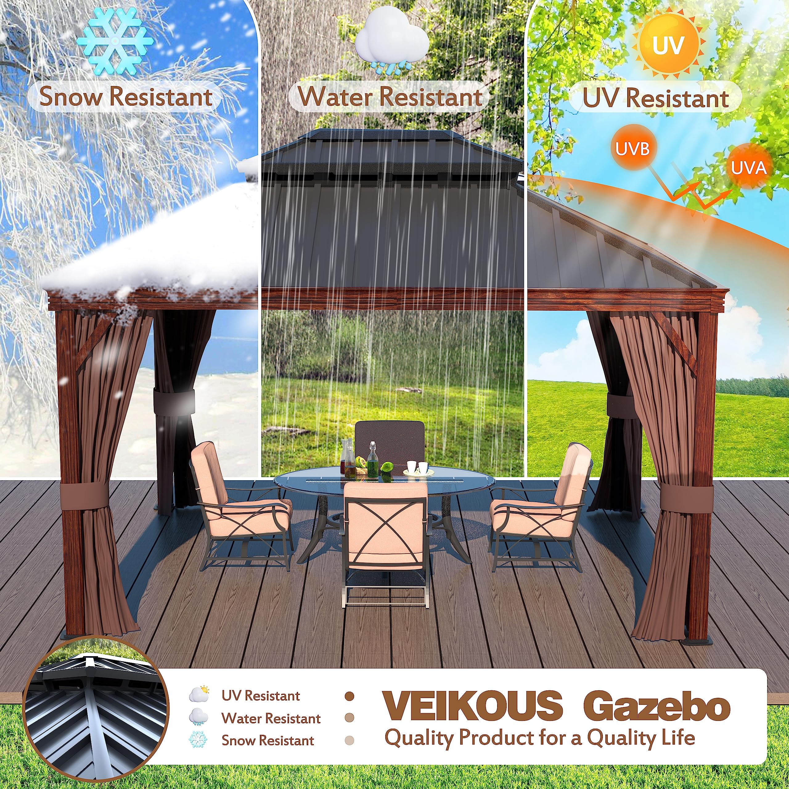 VEIKOU 10' x 12' Gazebo Hardtop, Outdoor Aluminum Wood Grain Gazebo w/Double Roof & Sidewalls, Permanent Pergolas and Gazebos, Patio Gazebo for Garden, Lawns, Parties