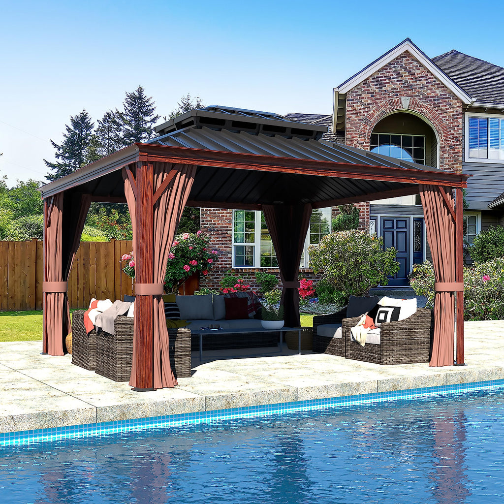 VEIKOU 10' x 12' Gazebo Hardtop, Outdoor Aluminum Wood Grain Gazebo w/Double Roof & Sidewalls, Permanent Pergolas and Gazebos, Patio Gazebo for Garden, Lawns, Parties