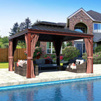 VEIKOU 10' x 12' Gazebo Hardtop, Outdoor Aluminum Wood Grain Gazebo w/Double Roof & Sidewalls, Permanent Pergolas and Gazebos, Patio Gazebo for Garden, Lawns, Parties